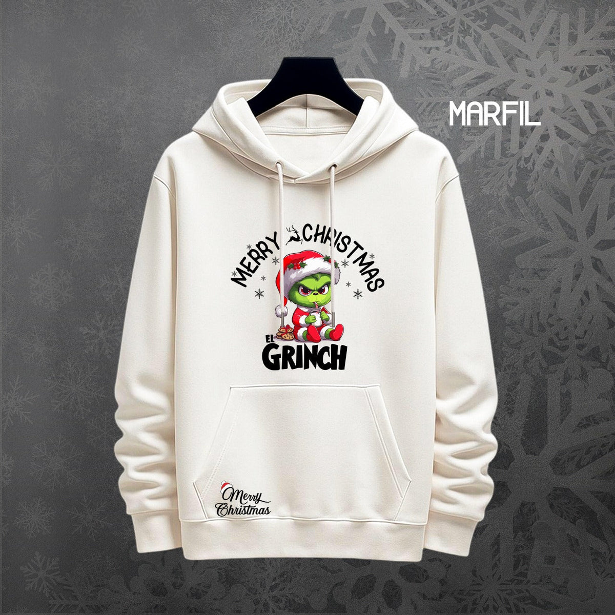 Hoodie Grinch Merry Christmas color marfil