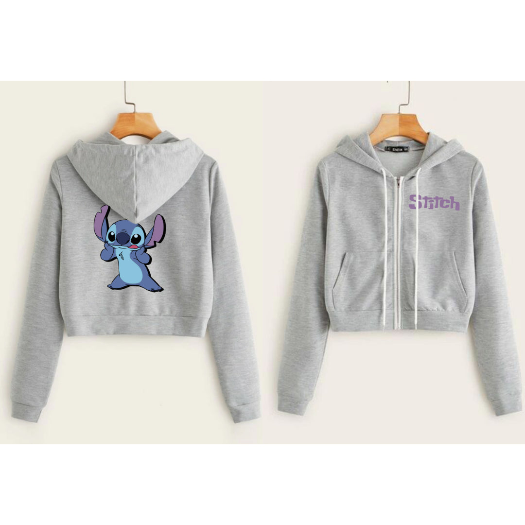 BUZO CORTO CON BOLSILLOS Y CIERRE  DAMA GRIS STICH DOBLE ESTAMPADO