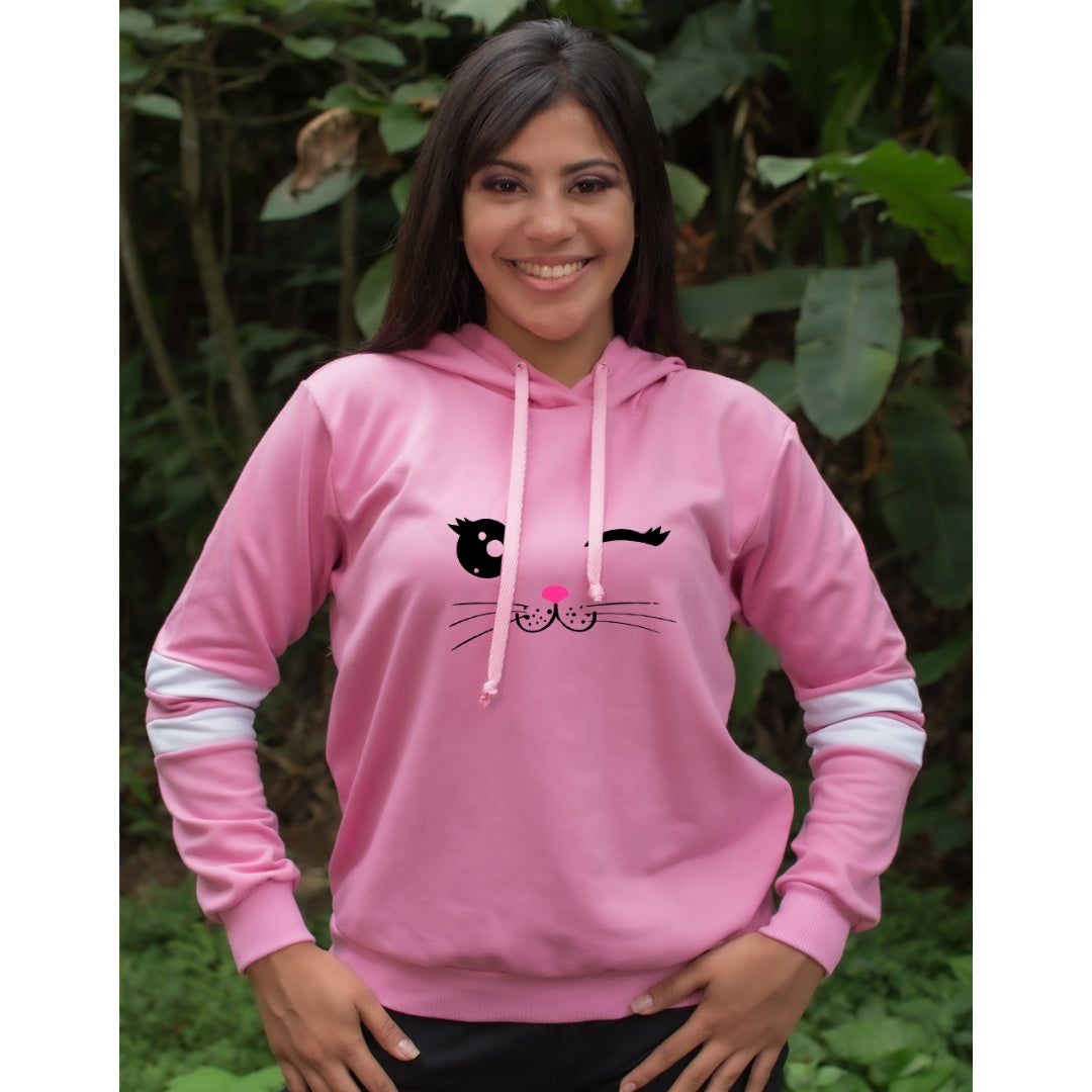 BUZO LARGO CON LINEAS DAMA ROSADO CARA GATITO
